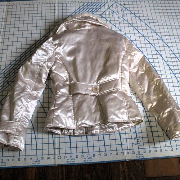 BEBE Satin Down Jacket with Removable Rabbit Fur Collar, Small - Picture 7 of 15